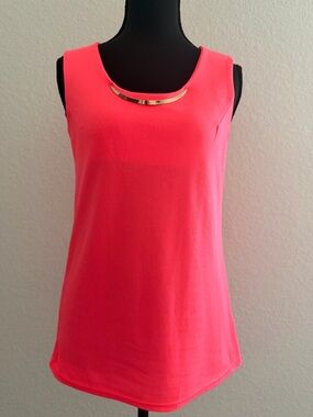 Queen Punch Neon Pink Sleeveless Tank Top | Gold Neck Detail Statement Blouse